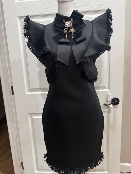 Dresses & Skirts - Black Fringed Bow-Detail Sheath Dress
